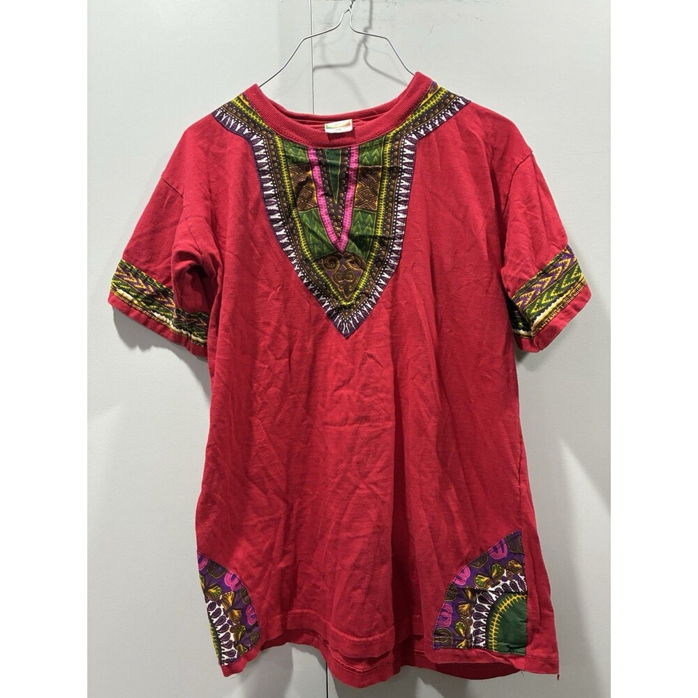 VTG Dashiki Roger & Roger Tunic Top Red Cotton Graphic Tribal Festival Boho XXL